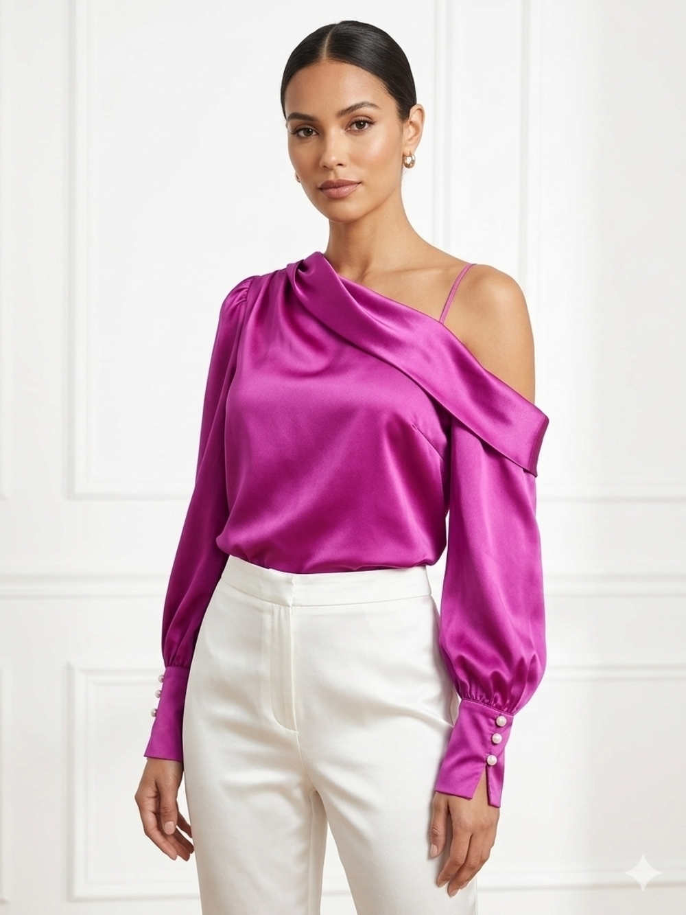 Fate Satin One-Shoulder Blouse in Fuchsia